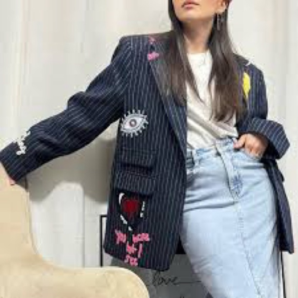 Cache Navy‎ and White Striped Fabric Blazer